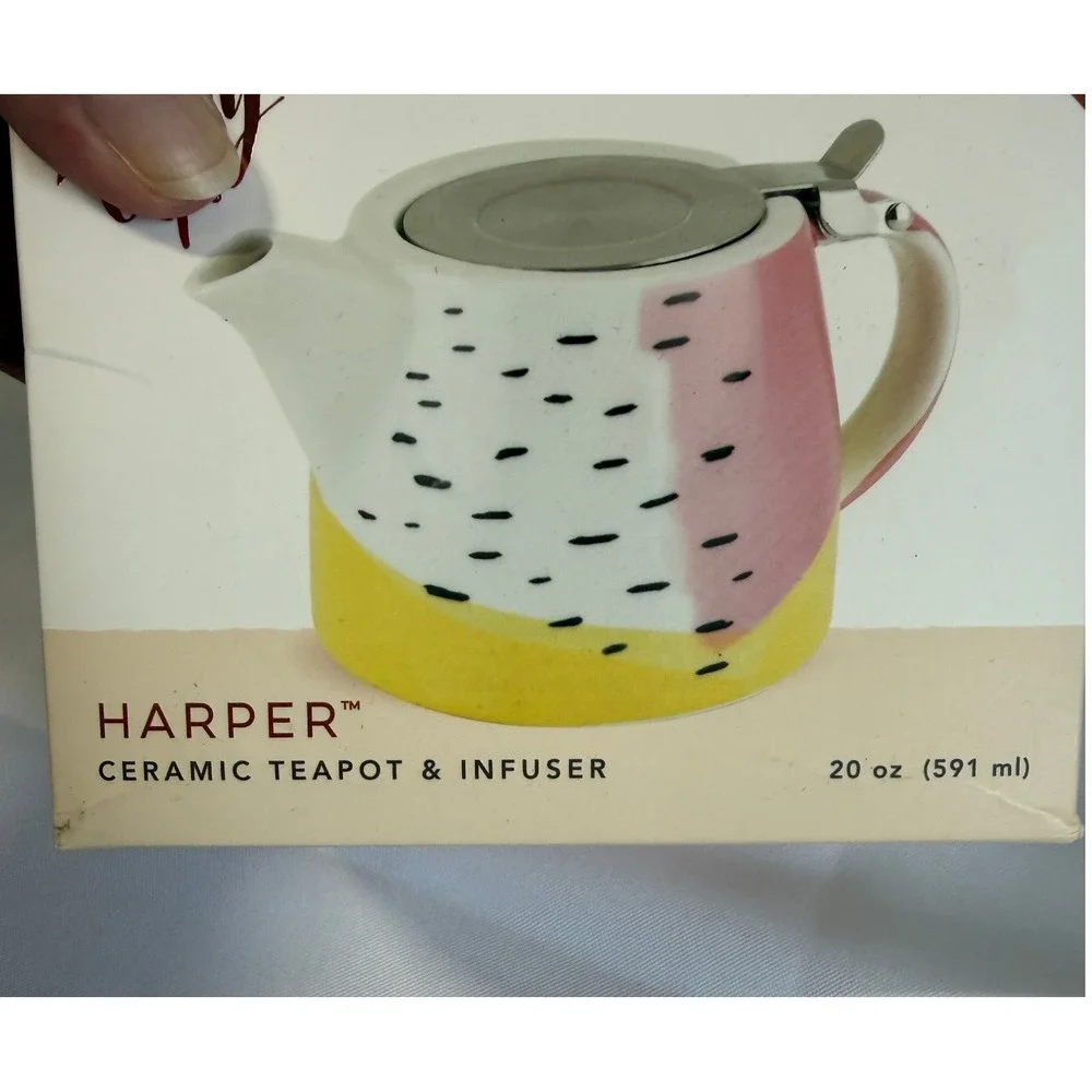 NEW Pinky Up Harper Ceramic Teapot & Infuser 20 oz Pink Yellow Abstract Design
